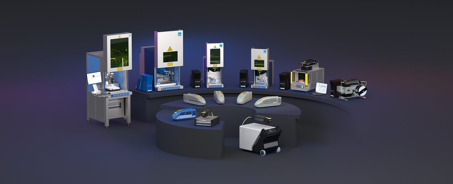 Produktpalette der ACI Laser GmbH bestehend aus Laserstationen und Lasersystemen zum Gravieren, Markieren und Trimmen