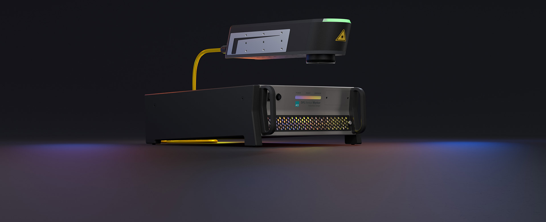 Système laser à fibre pour l'environnement industriel DFL Ventus Marker Industrial Design avec tête laser et unité enfichable de 19 pouces sur fond sombre