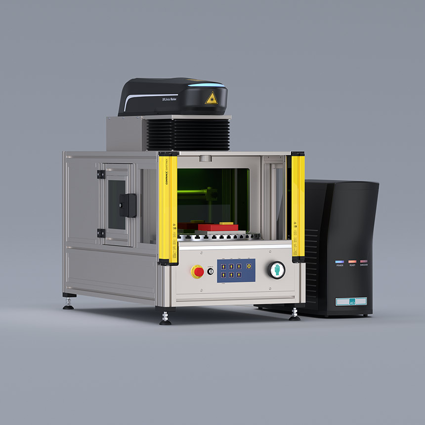Laserstation Workstation RT400 Rundtakttisch mit Faserlaser DFL Ventus Marker aus der Serie Business Fiber