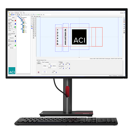 Desktop-PC mit Lasersoftware Benutzeroberfläche von Lasersoftware Magic Mark V3 von ACI