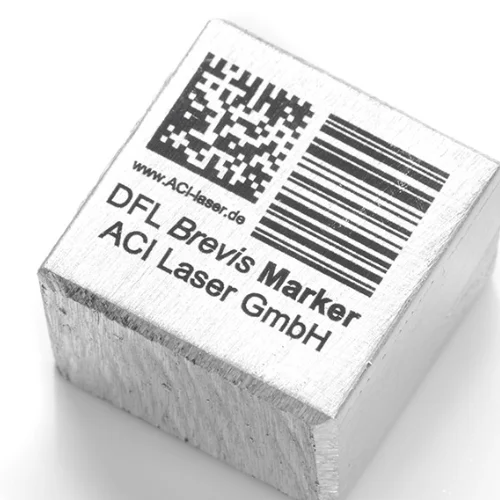 Black lettering of text, data matrix and barcode on aluminum block